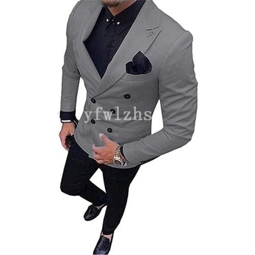 Handsome Double-Breasted Groomsmen Peak Lapel Groom Tuxedos Mens Wedding Dress Man Blazer Prom Dinner (Jacket+Pants+Tie) A169