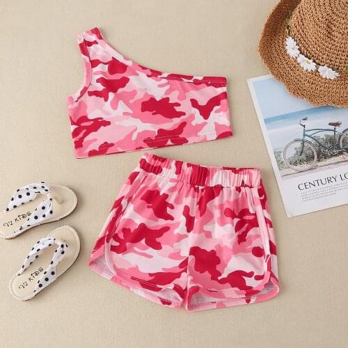 Girls summer casual suit, childrens clothing camouflage oblique shoulder top and camouflage hot pants two-piece suit