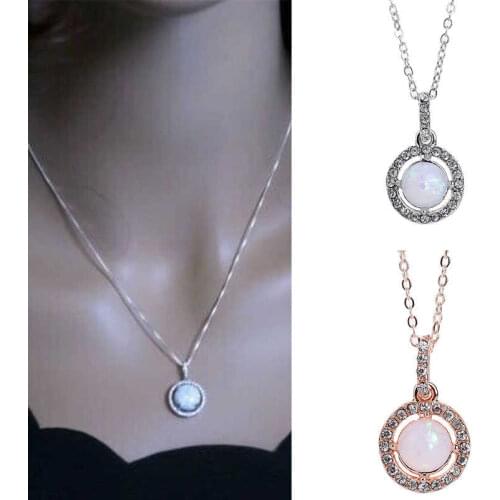 Fashion Shiny Round White Fire Opal Necklace Womens Charm Sweat Chain Pendant Necklace Wedding Gift Jewelry
