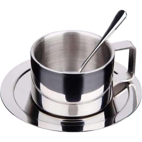 Stainless Steel Coffee Cup Saucer Spoon Set,Stainless Steel Double Wall Espresso Coffee Cup and Saucer,cappucino Coffee Flask