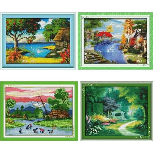 Cross Stitch Kits The Red House Near The Lake Stamped Embroidery Needlework 11CT 14CT Print Counted Crafts Thread Home Decor Set