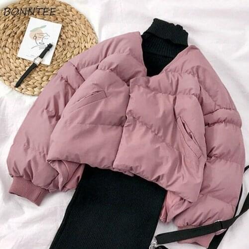 Short Style Parkas Womens Solid Simple Casual Coats V-Neck Thicken All-match Pocket Winter Soft Fashion Trendy Chic Lady Clothes