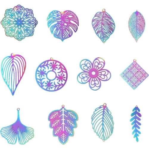 10pcs Stainless Steel Hollow Leaf Filigree Stamping Pendants Leaves Petal Charms AB Colors Flower Filigree Jewelry Accessories