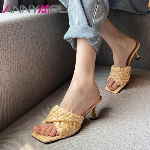 ANNYMOLI Shoes Women Espadrille Sandals High Heel Slippers Slietto Slides Square Toe Ladies Footwear Summer Yellow Fashion 40