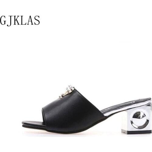 White Black Heel Sandals Leather Casual Chunky Heels Party Sandal for Women Wedding Rhinestones Sandals Summer Woman Slippers