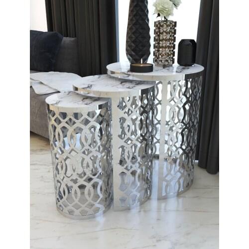 Silver Laser Cut Lux Zigon Coffee Table White Marble Patterned Glass wohnzimmertisch طاولة غرفة معيشة столик из стекла