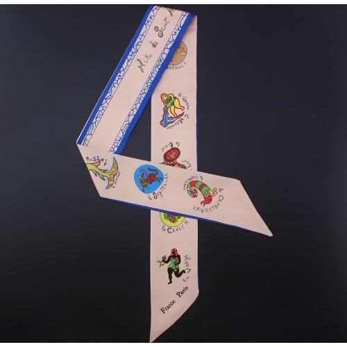 Twill Silk 100cm*6cm Woman Small Scarf Luxury Brand Cartoon Zodiac Signs Beige Printed Bag Female Skinny Scarf Wraps Tie