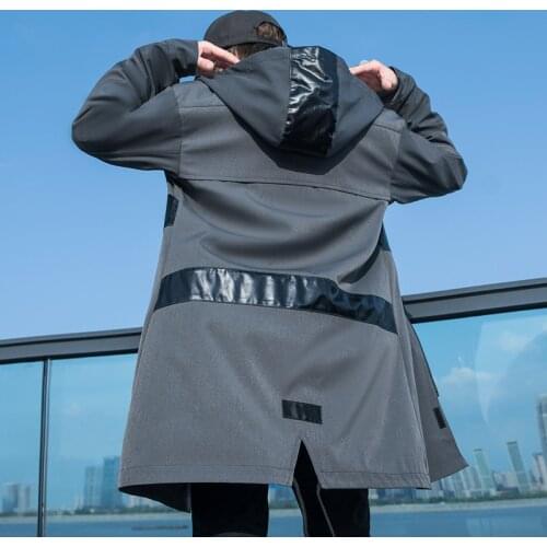 New Autumn Casual Long Trench Coats Men Fashion Patchwork Loose Hooded Windbreaker Pocket Trench Jackets Male 3XL-M