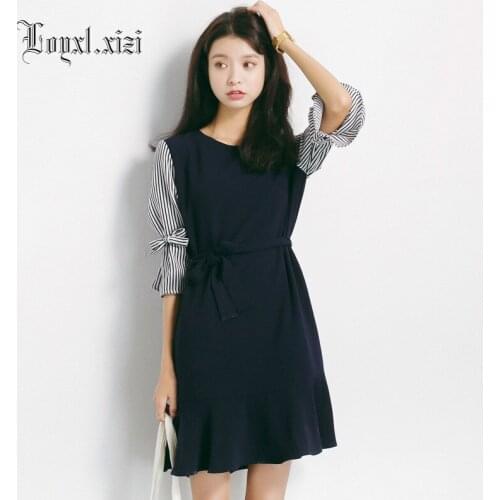2018 spring dress for lace-up dress stitching slim dress fashion graceful LQ0026