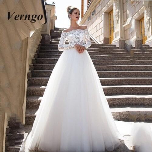 Verngo Vintage Lace Long Sleeves Wedding Dress 2020 Off the Shoulder A Line Arabic Bride Dress Sweep Train Buttons Back Vestido