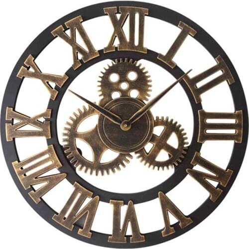 Vintage Industrial Wind Gear Wooden Wall Timepieces European Style Living Room Large Classic Golden Roman Numeral Home Clock