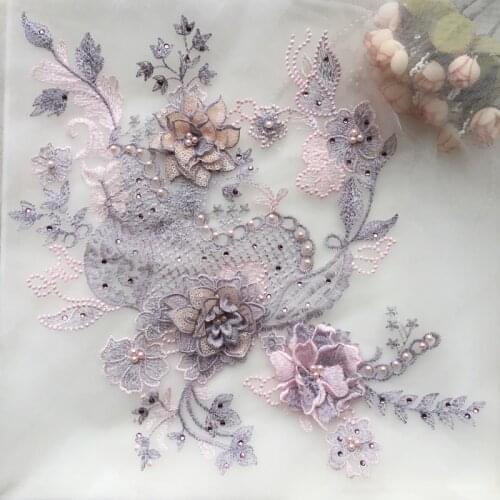 1 Piece Embroidered Lace Patches Appliques Clothes Pearls Beaded Lace Trim Applique Wedding Fabric Costume Dress Decor Sewing