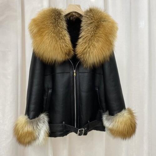 Winter Coat Women Natural Real Sheep Fur Jacket Moto & Biker Short Style 2021 New Fashion Oversized Fox Fur Collar Outerwear