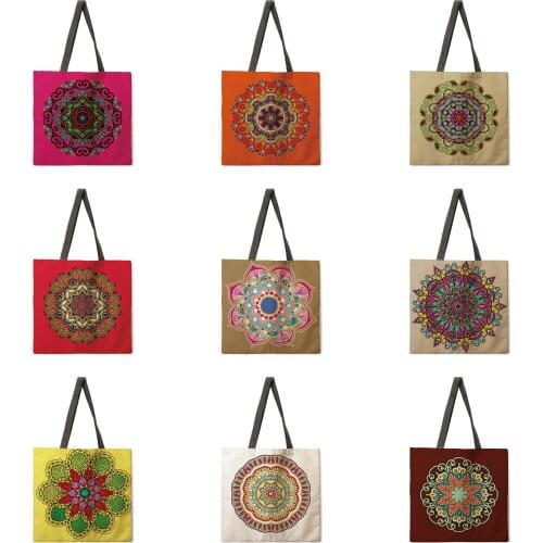 Oil Painting Printed Linen Shopping Bag Ladies Shoulder Bag Foldable Shopping Bag Beach Tote Bag