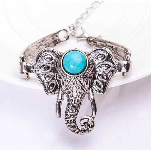 Crack Figure Blue Stone on Head Vintage Boho Elephant Retro Silver Plated Bracelets & Bangles for Women