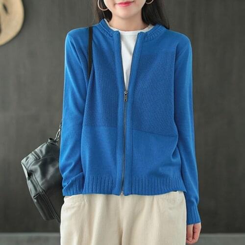 Johnature 2021 Autumn New Retro Zipper Knitted Cardigan Sweater Loose Comfortable O-neck Long Sleeve All-match Women Knitwear