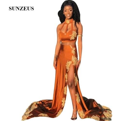 Two Piece Gown Prom 2019 High Neck Bodice Crop Top Party Dress 2 Pieces Long Jersey Prom Wear With Gold Appliques