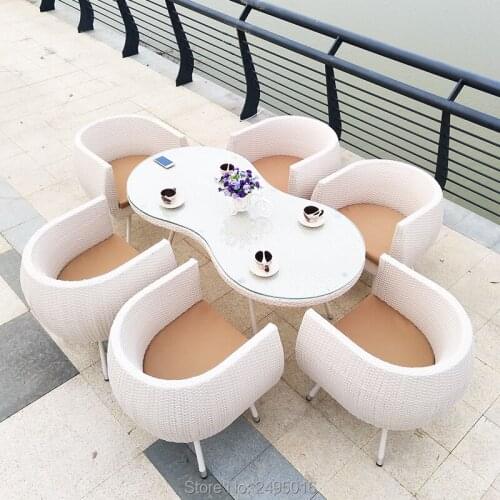 7 pcs Metal frame and Rattan Garden Dining Sets Patio Wicker Sectional table and chairs with Cushions for indoor and outdoor