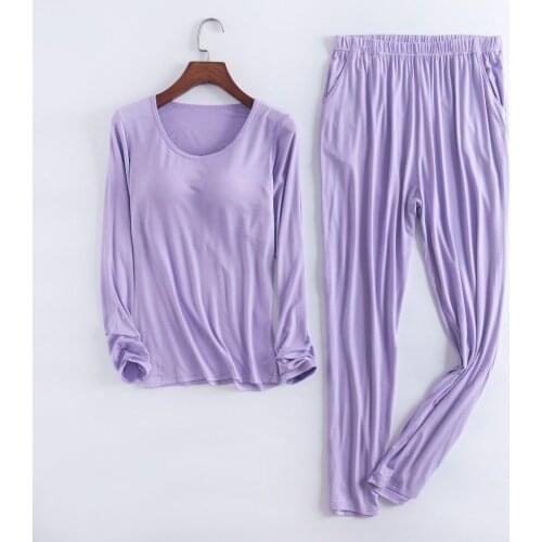 Brand pajamas sets for women simple modal pijama spring nightwear solid color pajamas Built-in bra pyjamas women homewear NEW