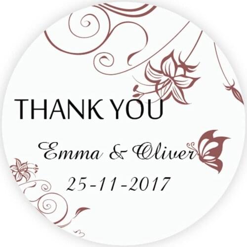 DouxArt 100 Pieces Thank You Personalized Wedding Stickers, 40mm Flowers Wedding Communion Baptism Favors Handmade Gift Labels