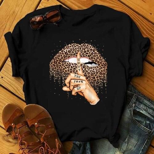 ZOGANKIN Women T Shirt Lips Leopard Funny Print Black T-shirt Hipster Costume Female Casual Tshirt Summer Fashion Tee Shirt