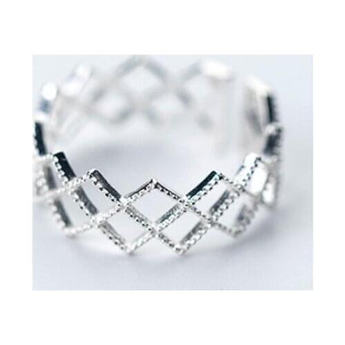 Size5.25-size6.75 100% Authentic REAL.925 Sterling Silver Jewelry hollow rhombus Geometric Band Wider Long Rings OPEN GTLJ1542