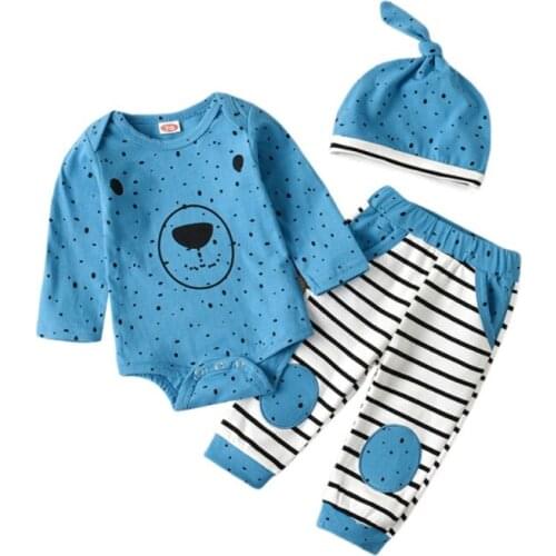 Newborn Cute Baby Boys And Girls Long Sleeve Clothing Set Cartoon Rompers+ Striped Trousers+Hat 3Pcs Set 0-24M Spring And Autumn