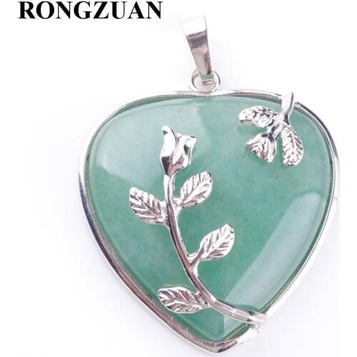 RONGZUAN Love Heart Pendant Necklace Chain Natural Aventurine Gem Stone Jewelry Flower Pendant & Necklace Women Jewellery TN3182