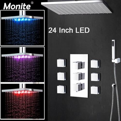 24 Inch LED Shower Head Wall Mounted Square Style Brass Waterfall Shower Set Rainfall Bathroom Shower Kit Hand Shower Mixer Tap