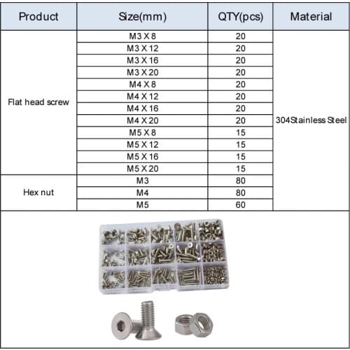 M2 M3 M4 M5 M6 Hex Flat Head Socket Cap Machine Screw Metric Countersunk Hexagon Bolt Nut 304StainlessSteel Assortment Kit