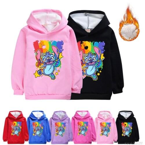 Disney Stitch Fashion Cartoon Fall/winter Childrens Wear Double Thick Nondownpour Hoodies For Boys And Girls