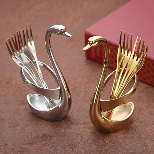 Golden Fruit Fork Swan Set Stainless Steel Cake Dessert Fork Cutlery Fork Household Swan Knife and Fork Stand Table Setting