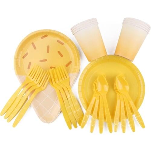 40Pcs Yellow Ice Cream Party Decoration Tableware Decoracion Niño Plate Cup Paper Towel Straw Tablecloth Party Birthday Discount