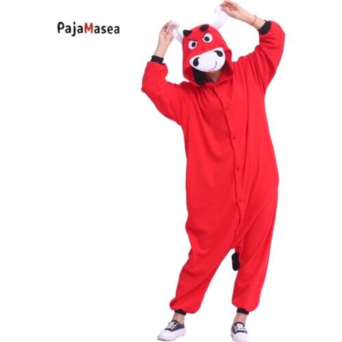 PAJAMASEA Red Bull Men Cartoon Animal Onesie One-Piece Pijamas Women Jumpsuit Sleepwear Funny Christmas Cosplay Raccoon Kigurumi