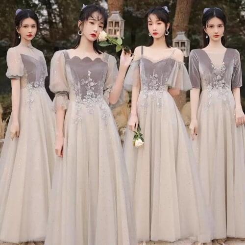 Bridesmaids Dresses Illusion V-Neck Short A-Line Lace Tulle Off The Shoulder Floor-Length Sequined Women Wedding Party Gown E465