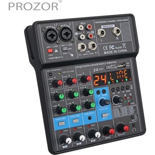 PROZOR Wireless 4 Channel Audio Mixer Stage Level Analog Mixer with Digital Sound 24 DSP USB MP3 Computer In 48V Phantom Power