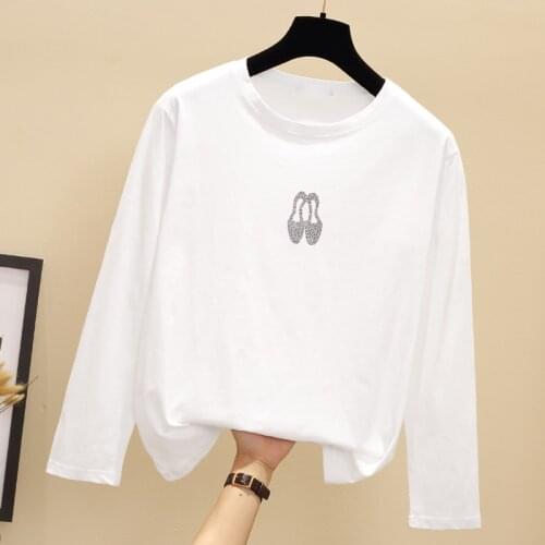 Plus Size Cotton White T-shirt Women 2021 New Long Sleeve Female T Shirt Embroidery Diamond Casual Basic Big Tops Tees 3XL