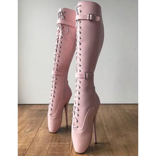 Pink Ballet Heels Knee High Boots Women Winter Booties Custom Wide Calf Boots Unisex Fetish Tiptoe Heels Dominatrix Shoes