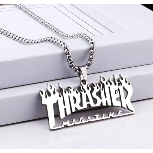 Street Hiphop Hip Hop Pendant Thrasher Silver Necklace Can Be Quenched Thrasher Necklace Titanium Steel Jewelry