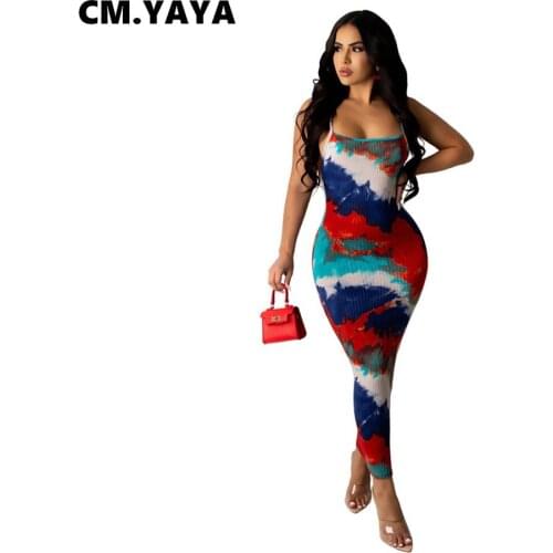 CM.YAYA Tie Dye Print Women Halter Neck Backless Midi Maxi Dress for Sexy Party Sleeveless Bodycon Pencil Long Dresses Summer