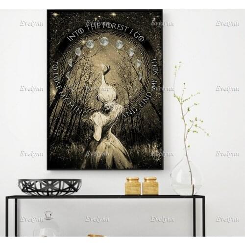 Into The Forest I Go To Lose My Mind And Find My Soul Poster, Moon Phases, Girl Forest, Home Decor Prints Wall Art Canvas Gift