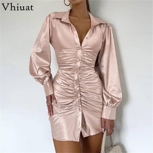 Vhiuat 2021 Autumn Elegant Lantern Sleeve Ruched Bodycon Blouse Dresses Women Button Sexy Backless Bandage Slim Party Mini Dress