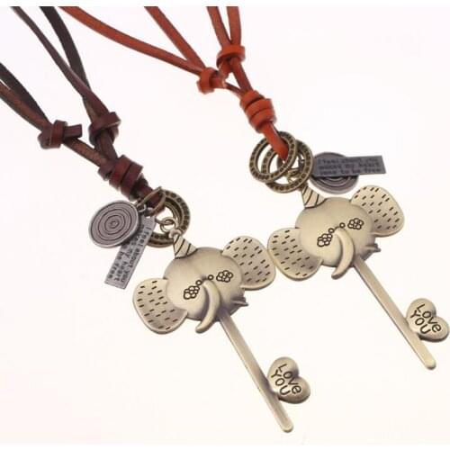 Vintage Cute Elephant Pendant Necklace Retro Metal Love Key Charms Long Leather Sweater Chain Bronze Punk Jewelry for Women Gift