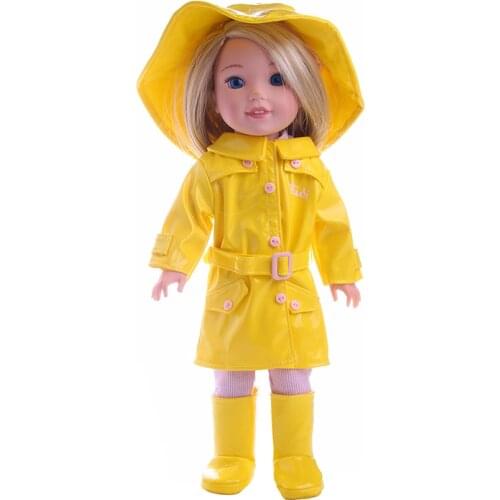 High quality yellow Raincoat + Hat + Leggings + Rain Boots for Wellie Wisher doll accessories