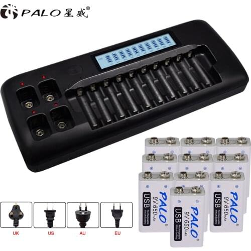 PALO 9V Li Charger battery charger for 3.7V/9v LI-ION batteries aa aaa ni-mh ni-cd rechargeable battery with 10pcs 9V LI battery
