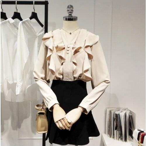 Womens Spring Autumn Runway Fashion Long Sleeve Ruffles Beige Chiffon Shirt Female High Waist Casual OL Blouse Tees Tops TB1623