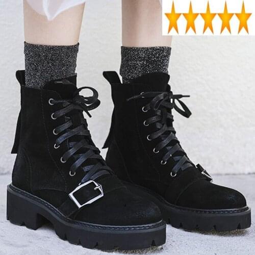 Women Cow Suede Leather Winter Motorcycle Lace Up Block Heels Ankle Boots Fashion Buckle Warm Fleece Lining Shoes Big Size