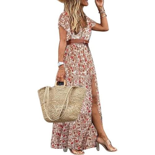Xingqing Women Flower Long Dress Short Sleeve V-neck High Waist Split Dress Bohemian Style Beach Clothes Vintage Maxi Dresses