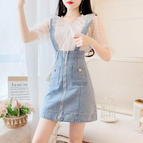 Women Denim Spaghetti Strap Dress Two Piece Set Summer New Sweet Dot Mesh Tops Front Zipper Slim Short Dress Street Casual Dress