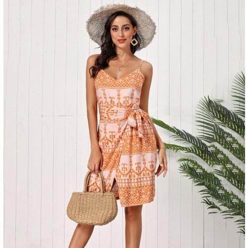 Dress Women Backless Summer Sundresses Slip Elegant Printed Slit Clothing White 2020 Spaghetti Strap Dresses Clothes For Women